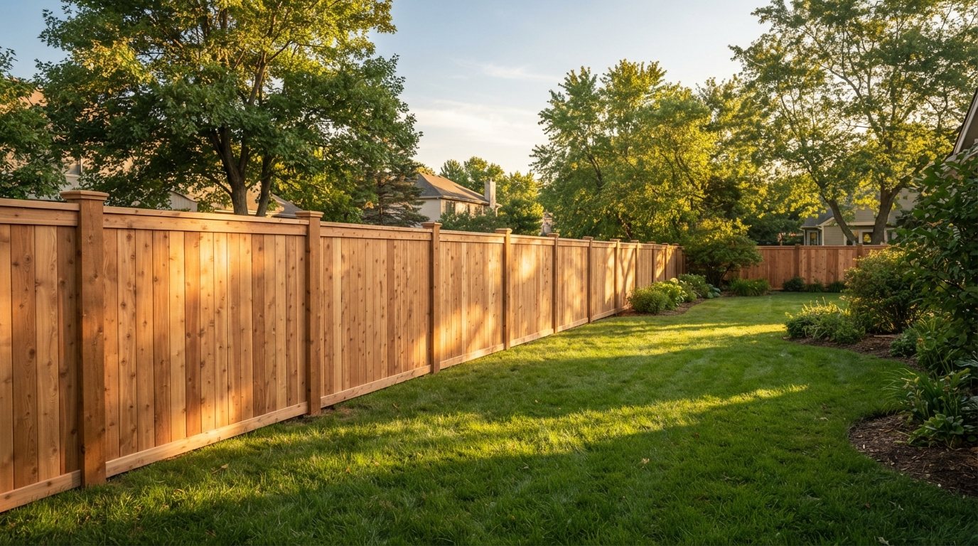Newly built cedar fence at golden hour